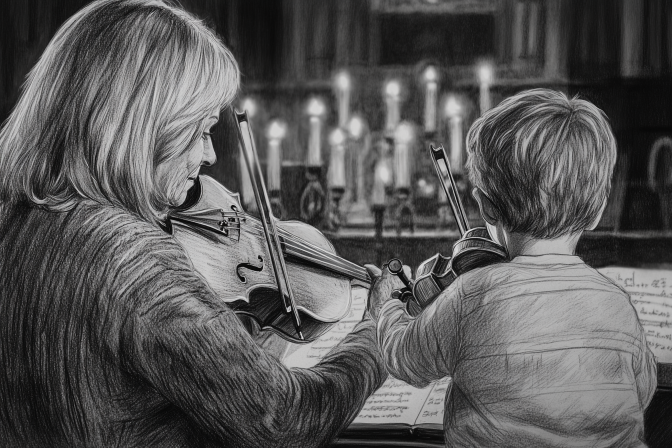 Grandmother and boy enjoy Christmas concert in church sketch