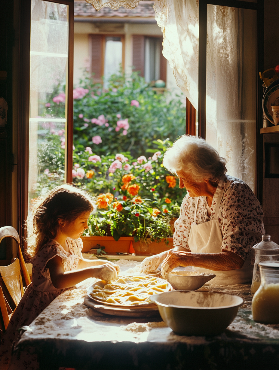 Grandmother and granddaughter make ravioli in sunny kitchen