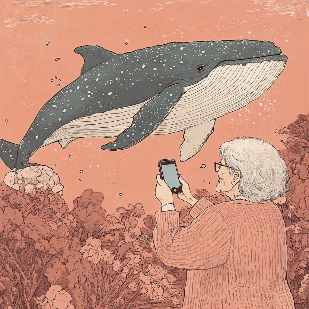 Grandmother talking on phone, whale in art image