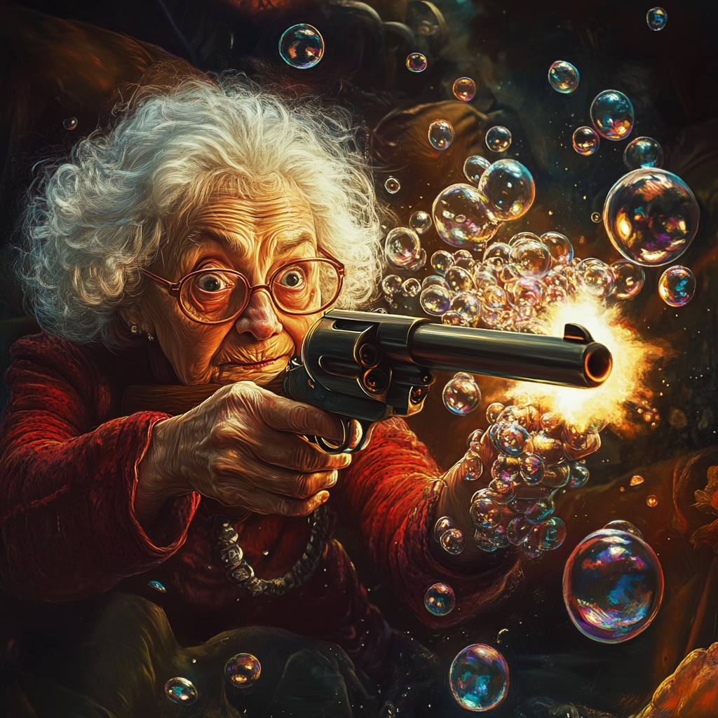 Granny Aiming Bubble Gun in Colorful Scene