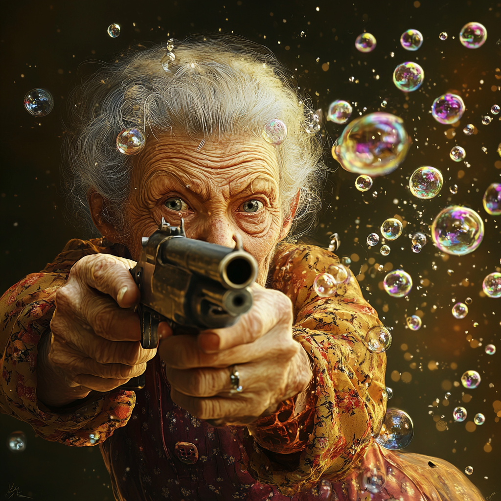 Granny Aiming Bubble Gun in Colorful Setting