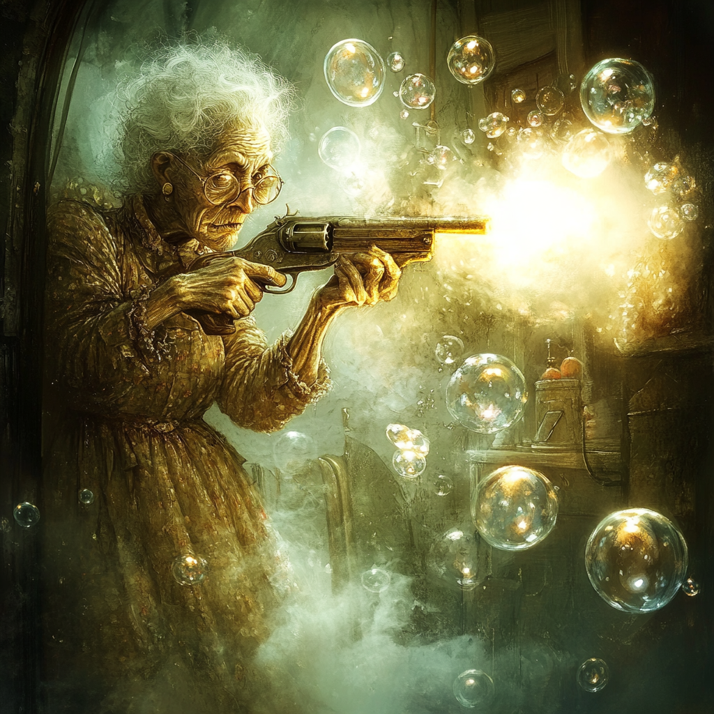 Granny Aiming Soap Bubble Gun in Colorful Setting