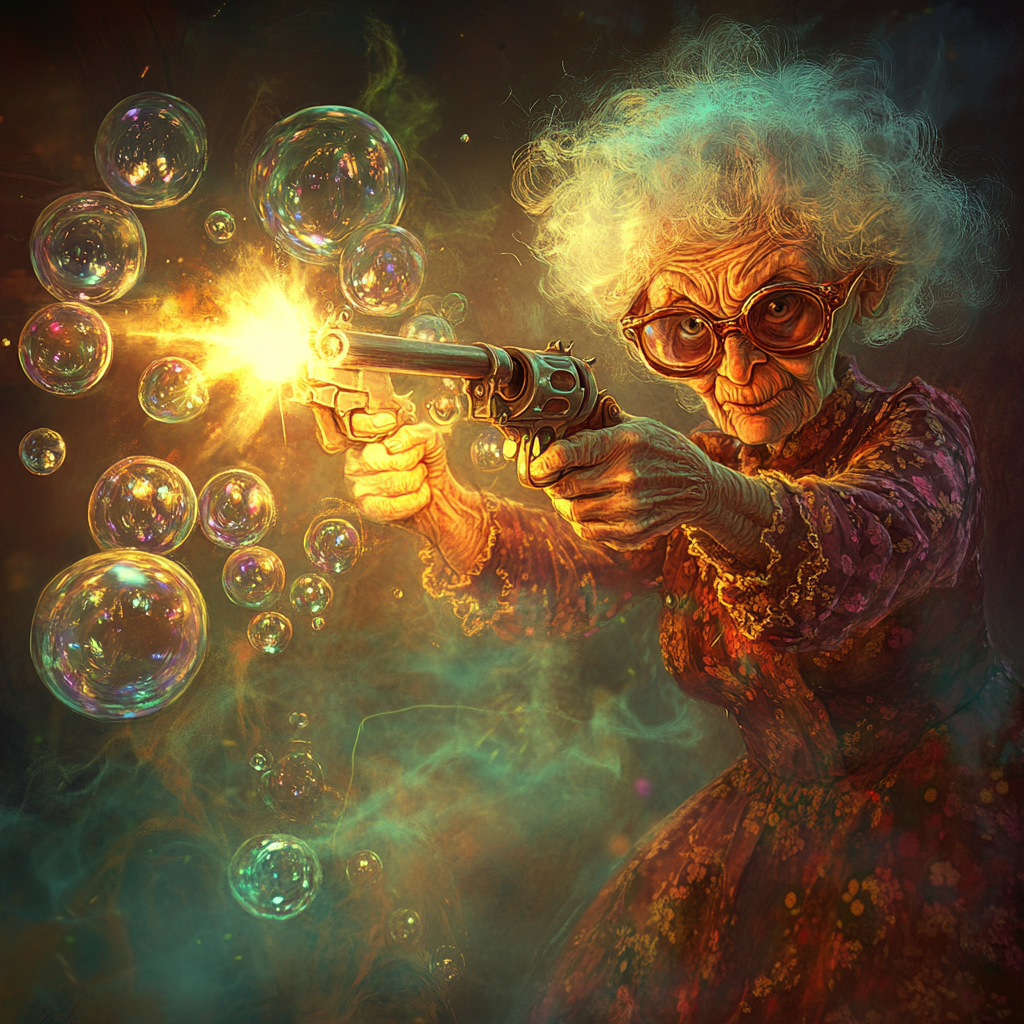 Granny Aims Bubble Gun in Colorful, Comical Scene