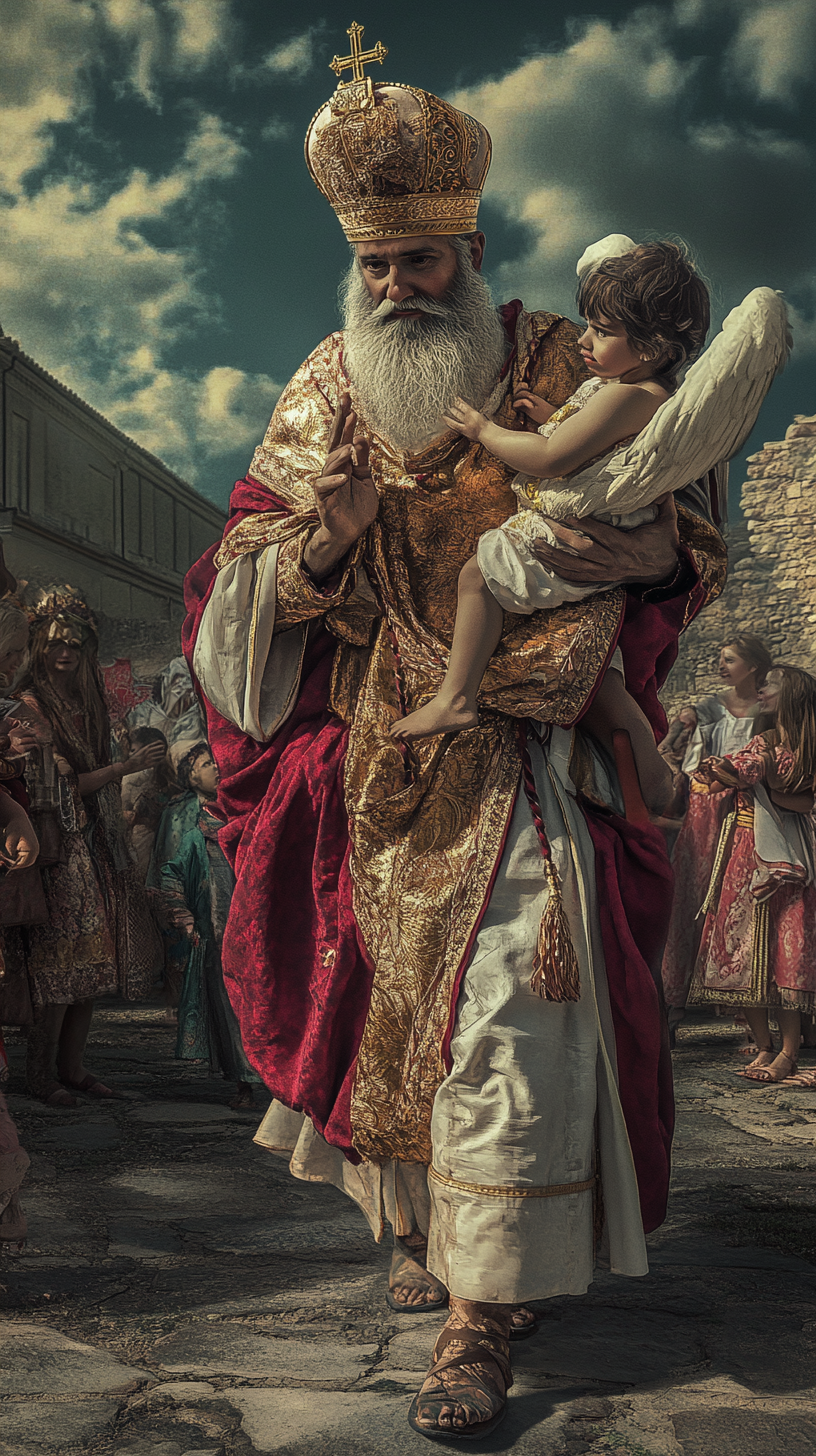 Greek attire, charity, miracles, rescuing children, surreal, hyper-realistic.