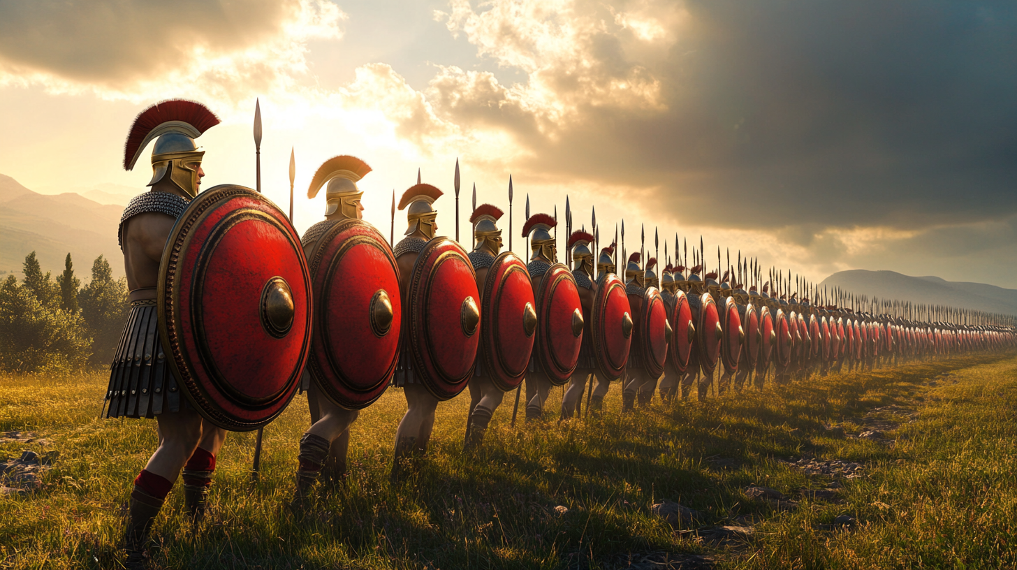 Greek hoplites in formation, ready for battle at dawn.