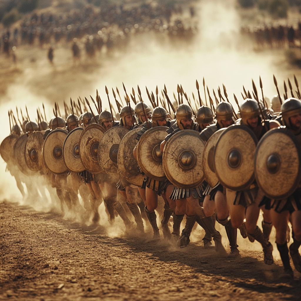 Greek soldiers in formation defeat Persian army dramatically