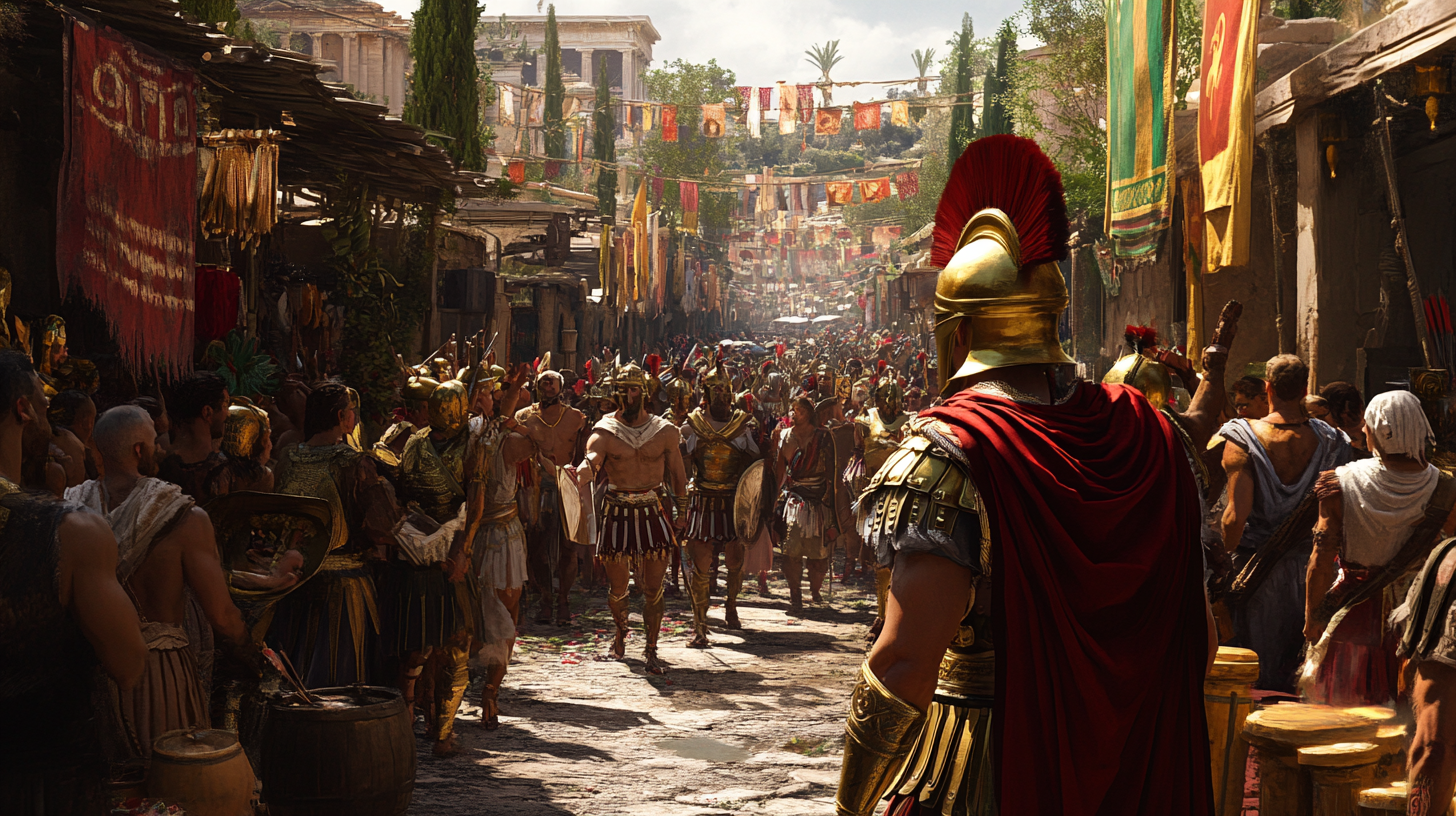 Greek soldiers parade in marketplace, colorful banners, citizens cheer.