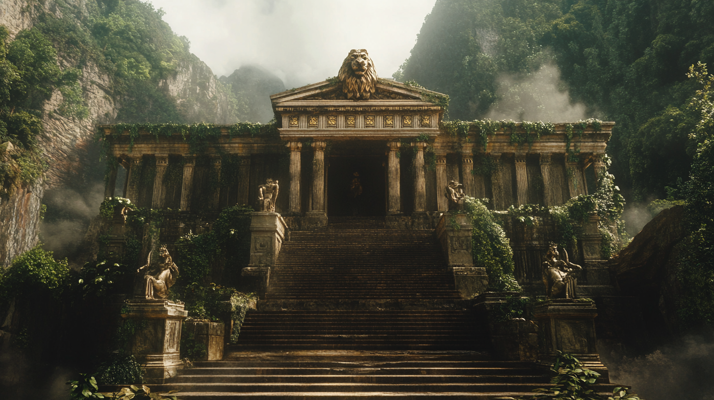 Greek temple with jaguar, Brazilian forest, cinematic color grading.