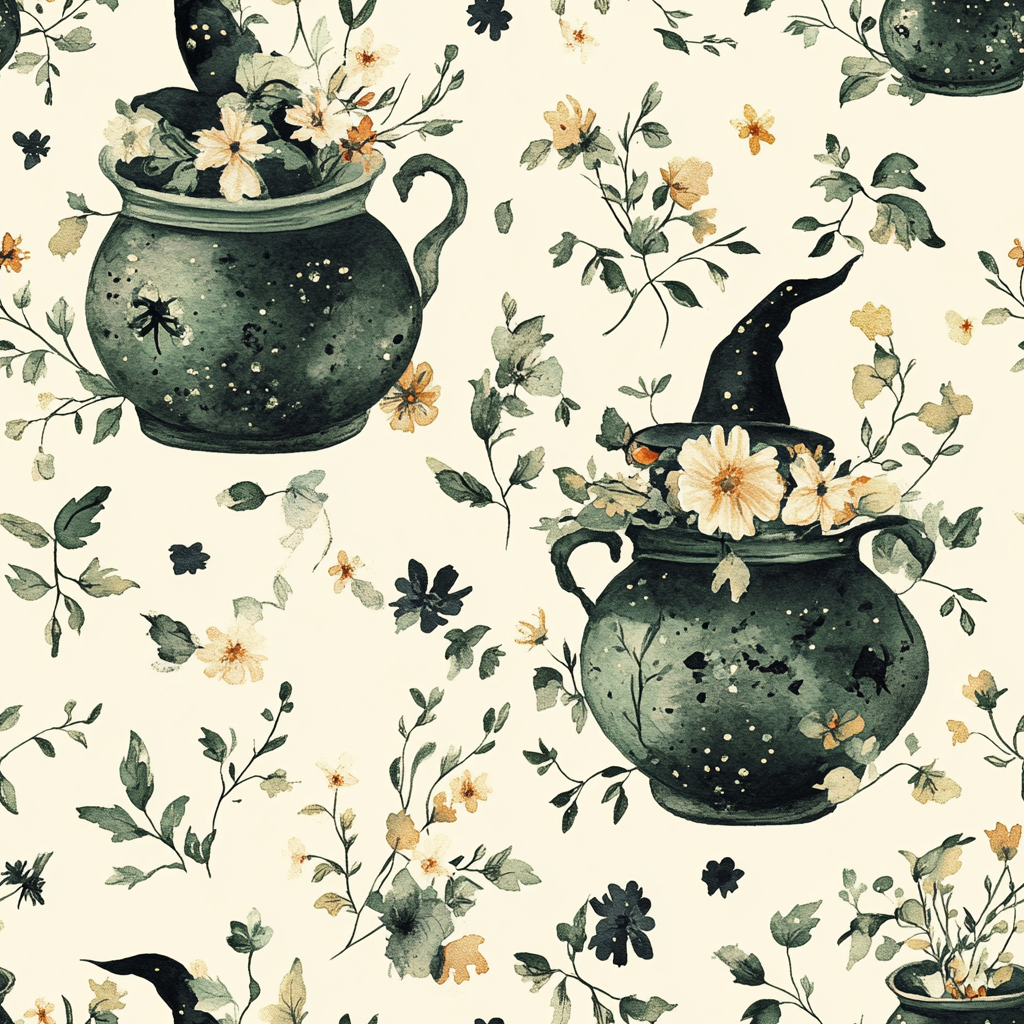 Green, black, and creme witch cauldron pattern design.