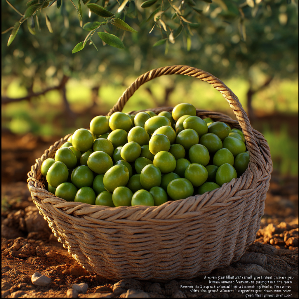 Green Iranian Olives in Woven Basket at Olive Grove