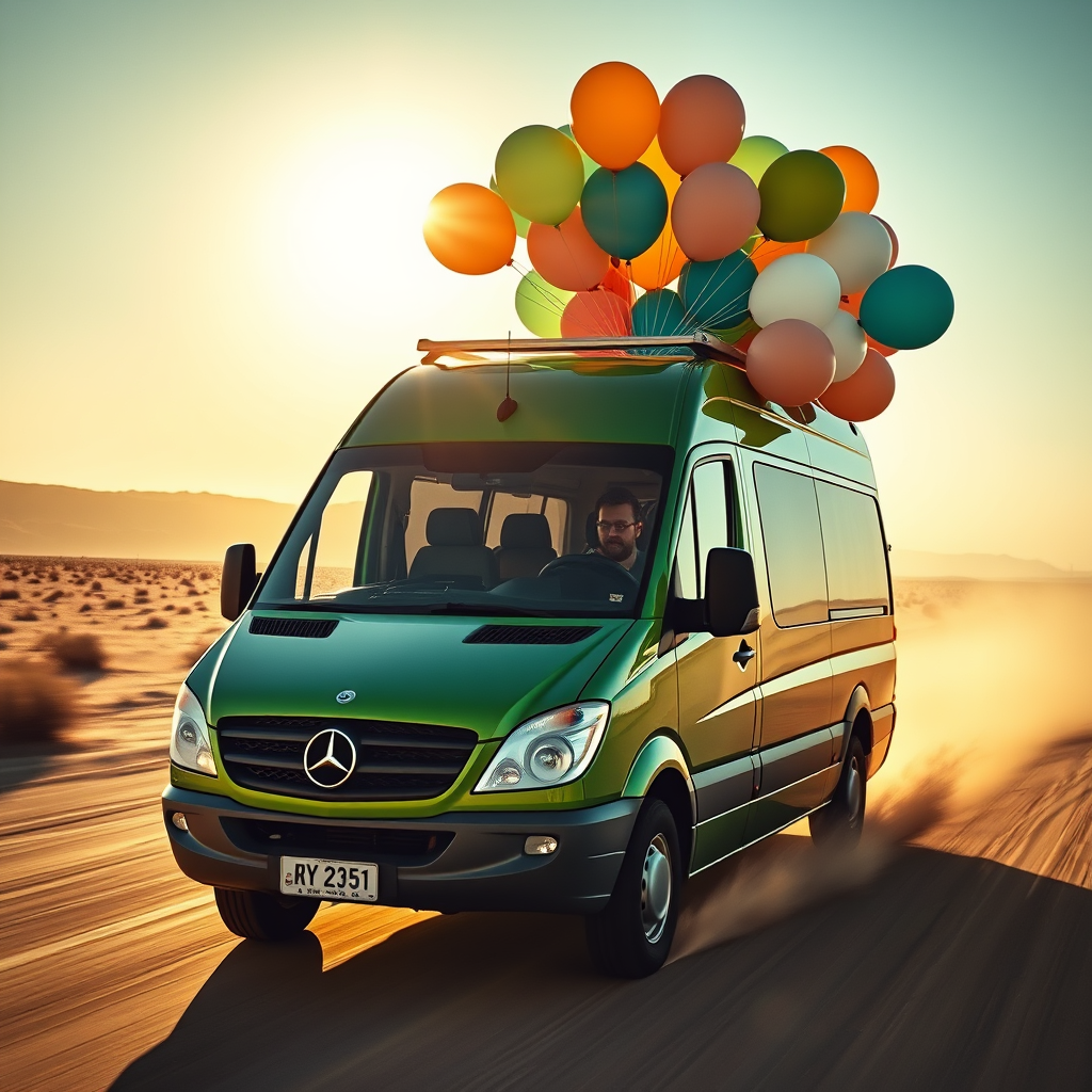 Green Mercedes Sprinter with Balloons in Desert
