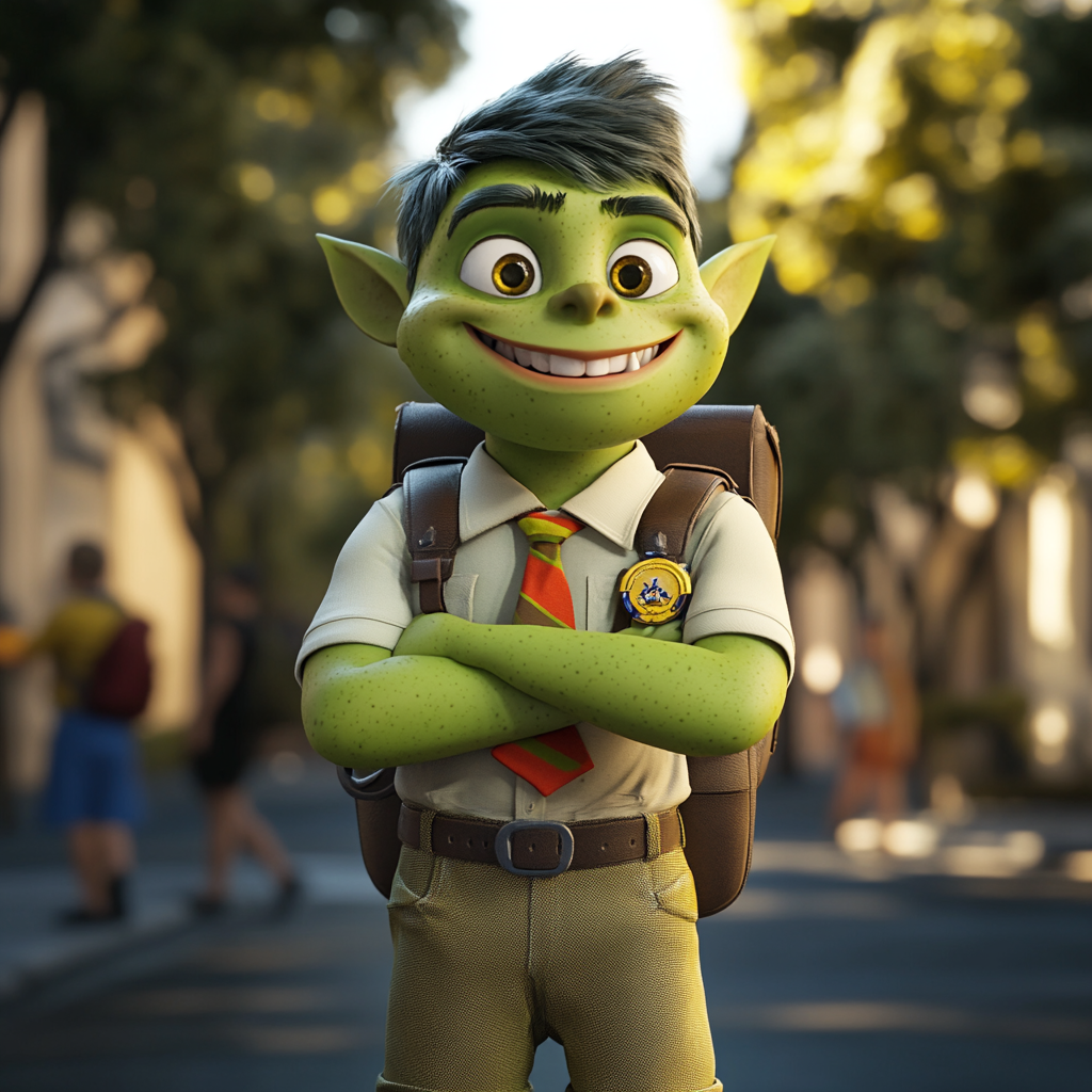 Green Orc Child Boy Scout Helping People 3D Render