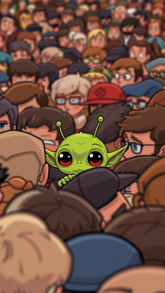 Green alien hiding among cartoon characters in crowd.