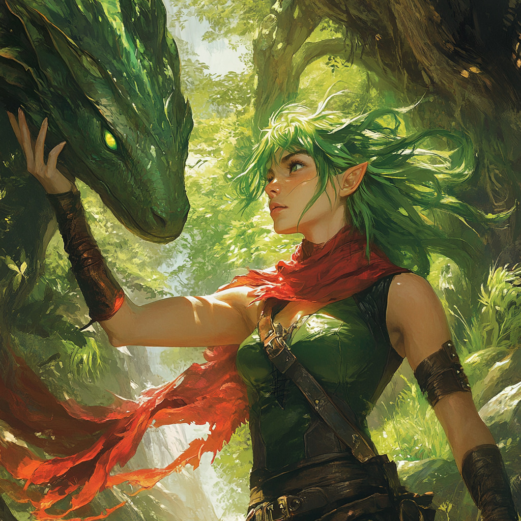 Green-haired superhero faces leafy dragon in forest