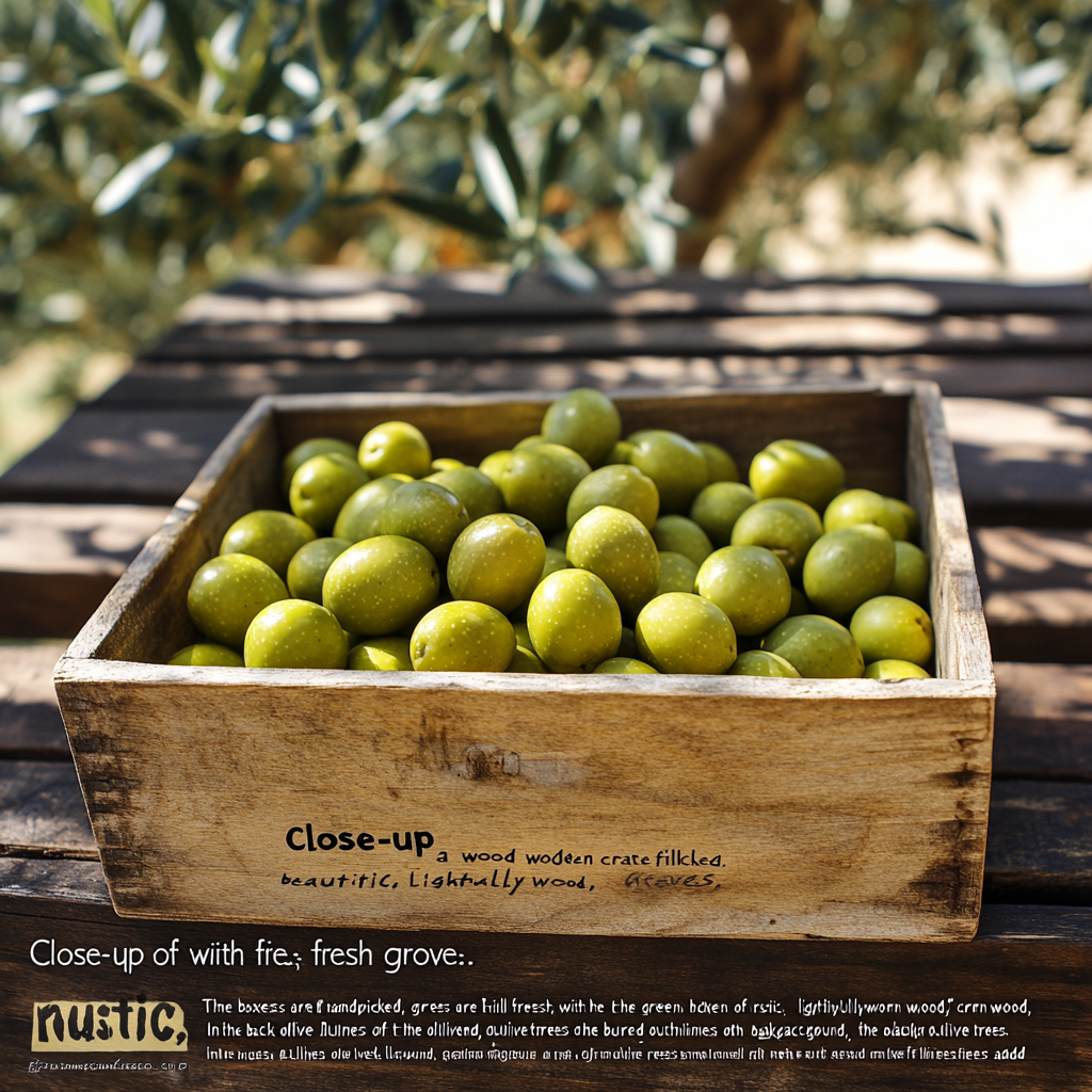 Green olives in rustic wooden box under olive trees