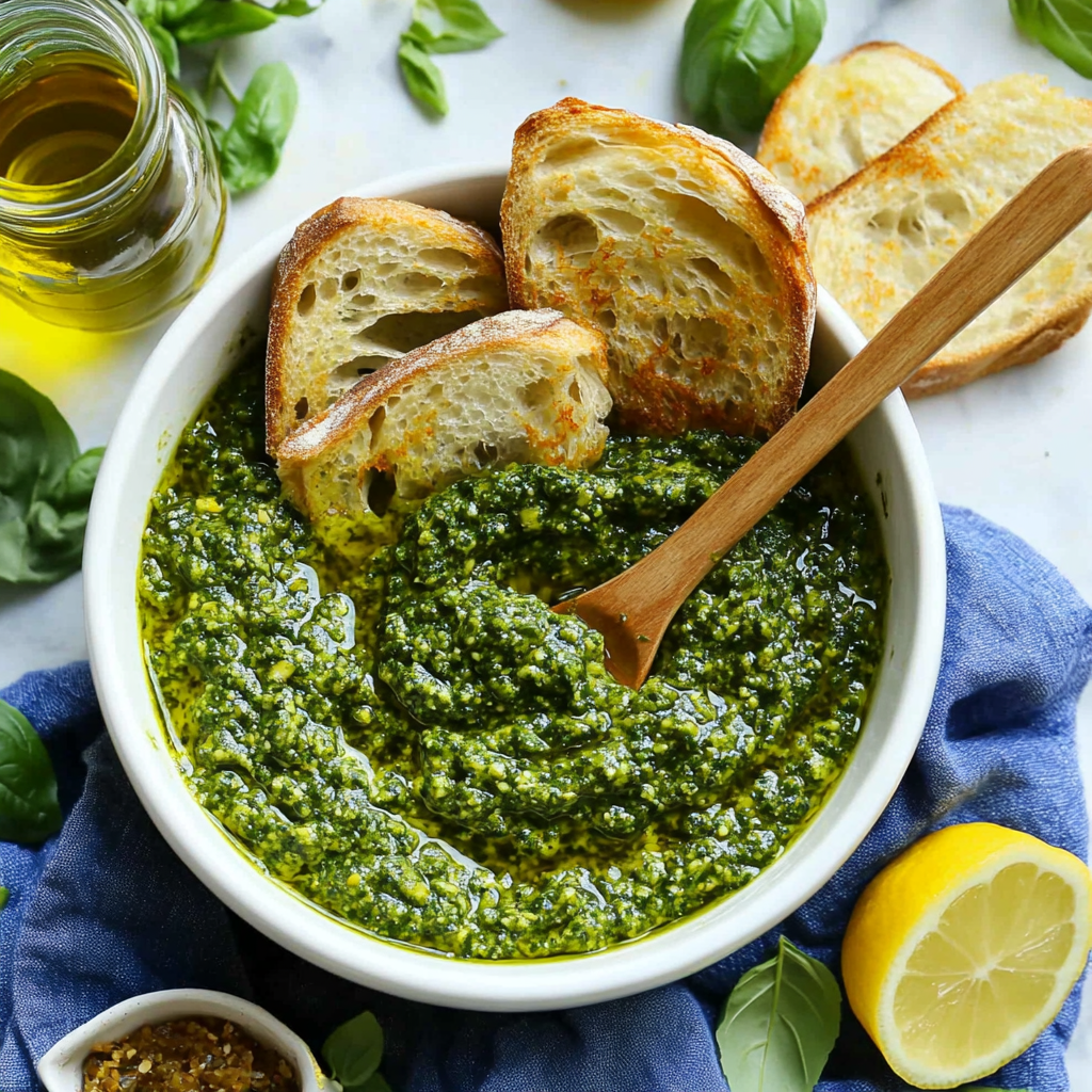 Green pesto bowl with bread slices and herbs