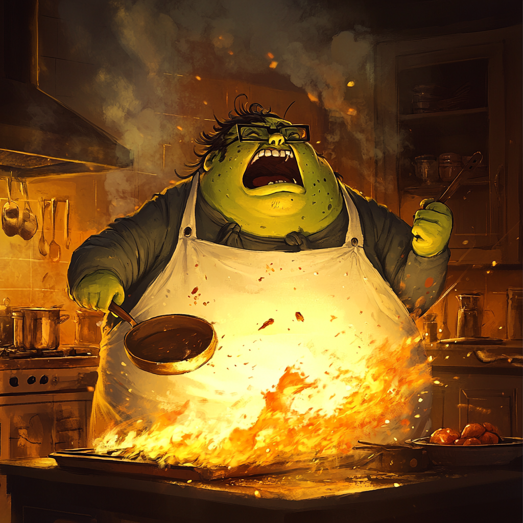 Green-skinned chef panics as pan catches fire.