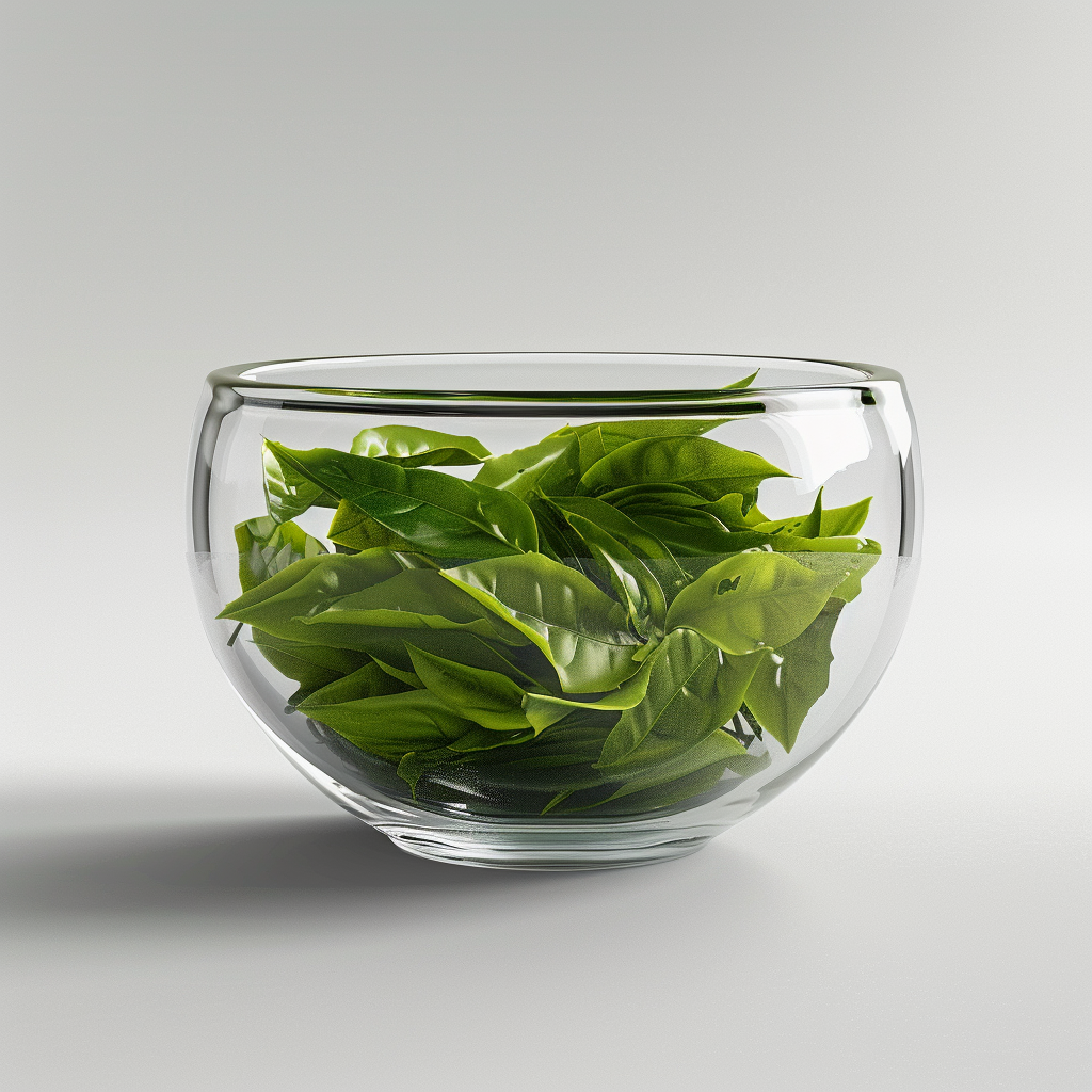 Green tea leaves in glass bowl on white background