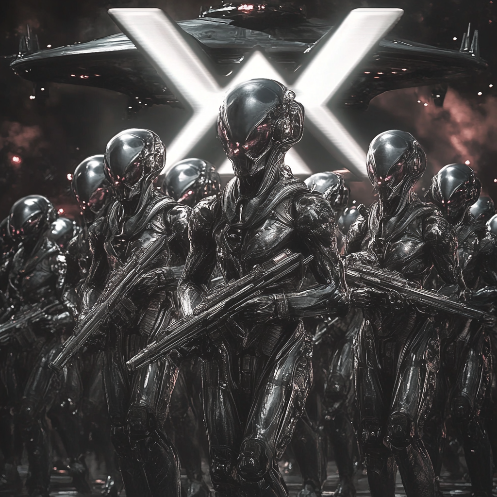 Grey Aliens in Biomechanical Suits with X Logos and Hi-Tech Weapons, UFOs and Letter X by Joe Jusko Style