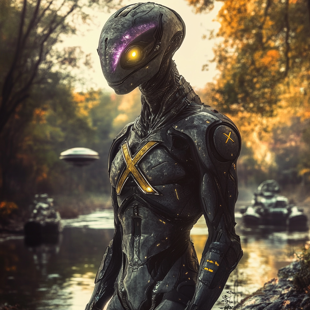 Grey alien in armor with X; army, UFO.