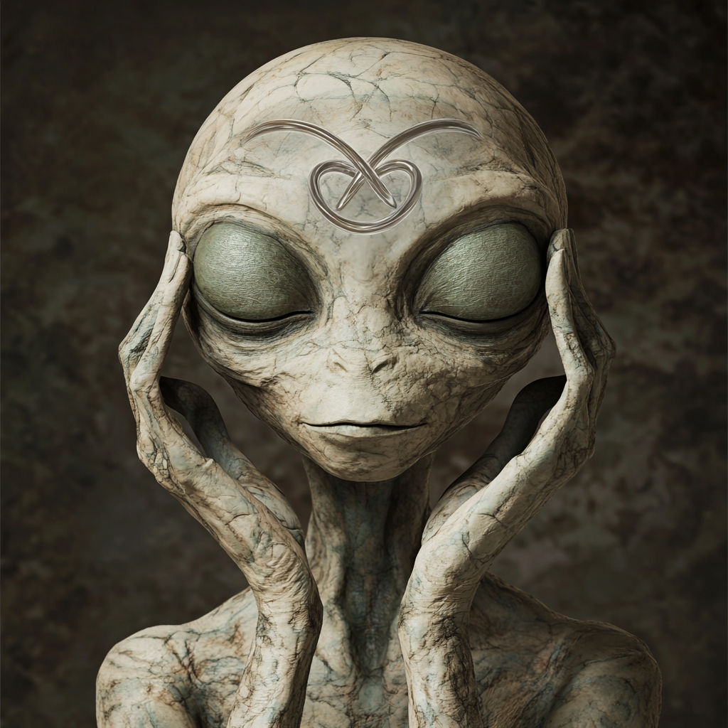 Grey alien meditating with infinity symbol projection