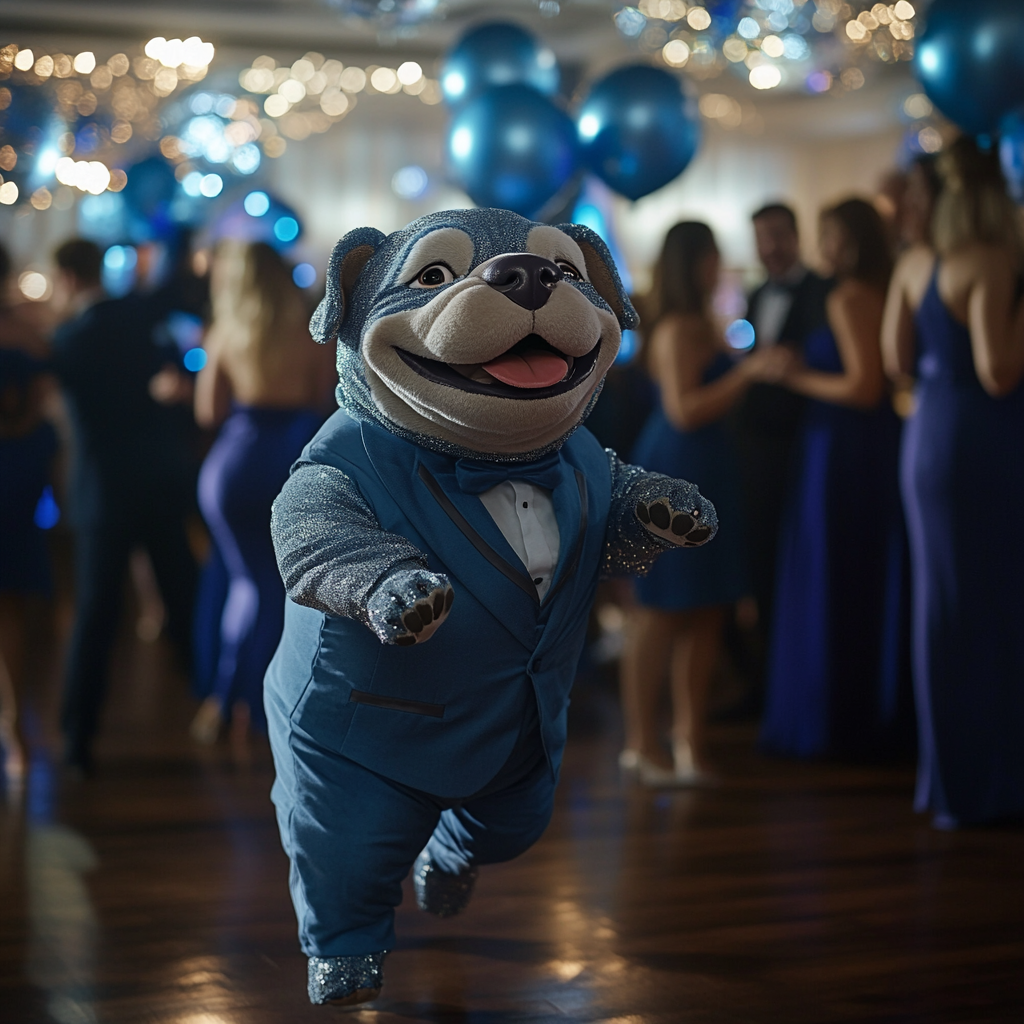 Grey bulldog mascot in blue suit dances at prom