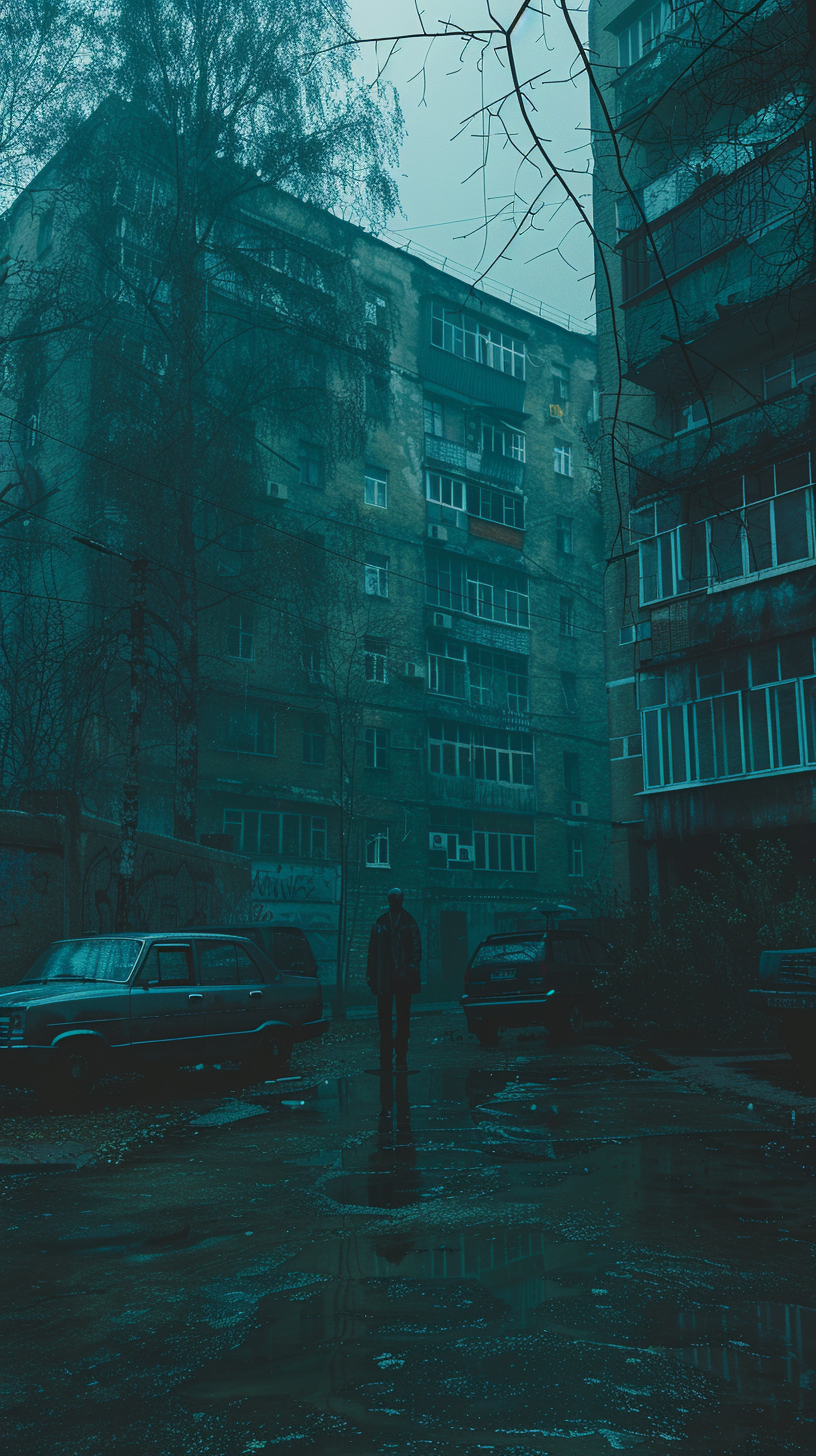 Grim Russian courtyard with ghostly figure in rain