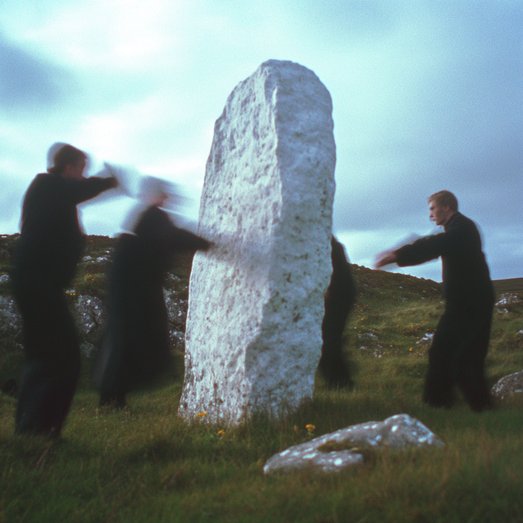 Group hitting menhir with rocks in horror film scene.