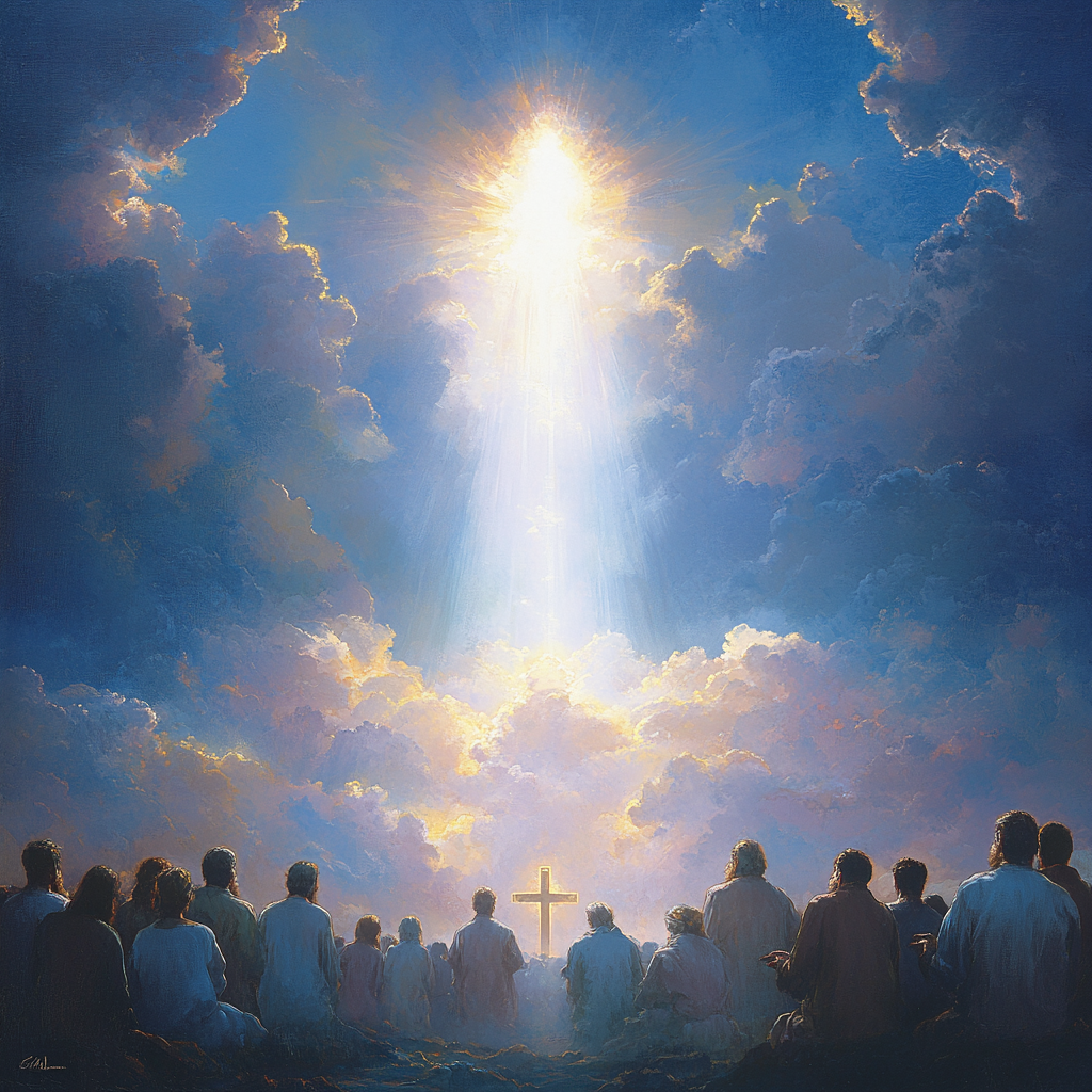 Group in prayer, faces illuminated, cross shining subtly.