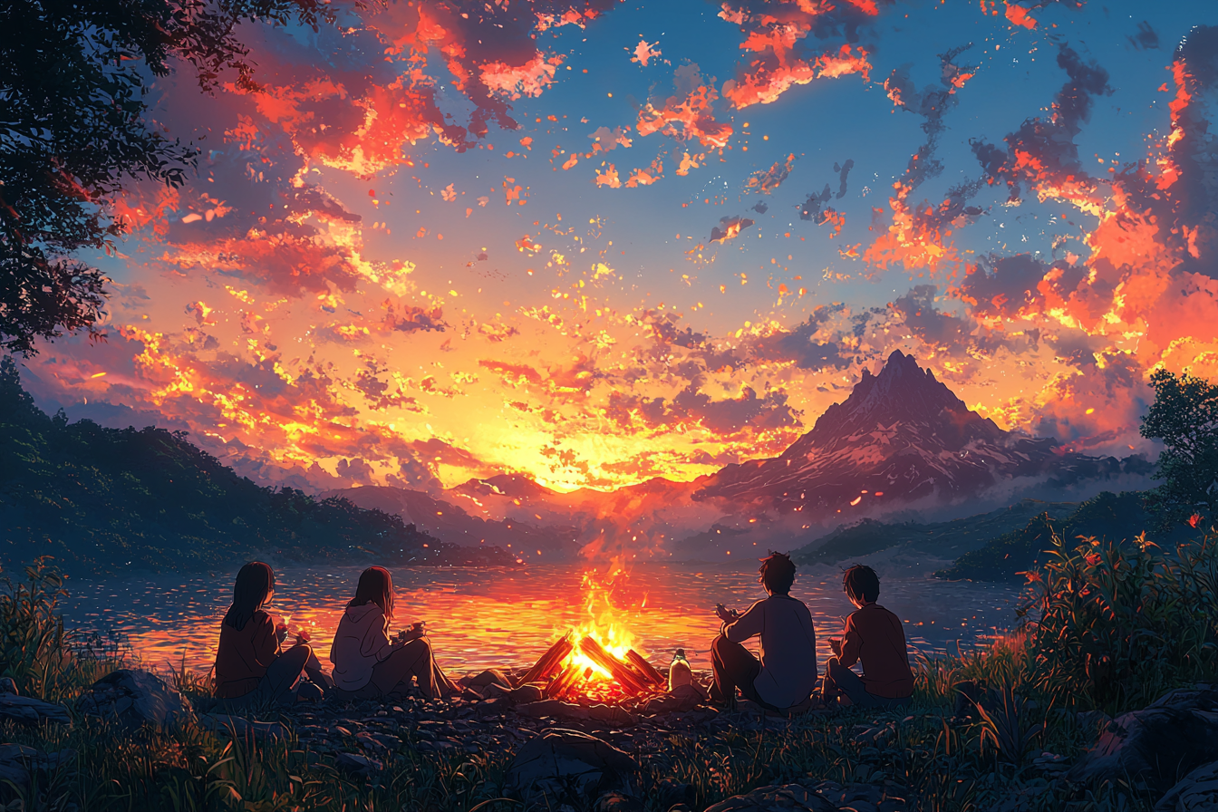 Group making snacks around campfire, vivid colors, detailed landscapes.