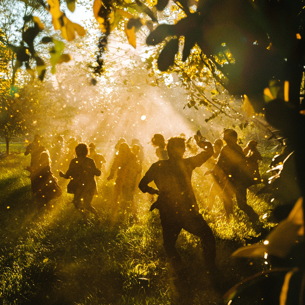 Group of 40s people dancing in lush field.