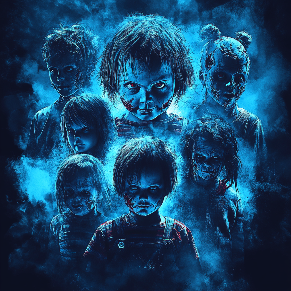 Group of Chucky dolls in menacing poses, eerie atmosphere.