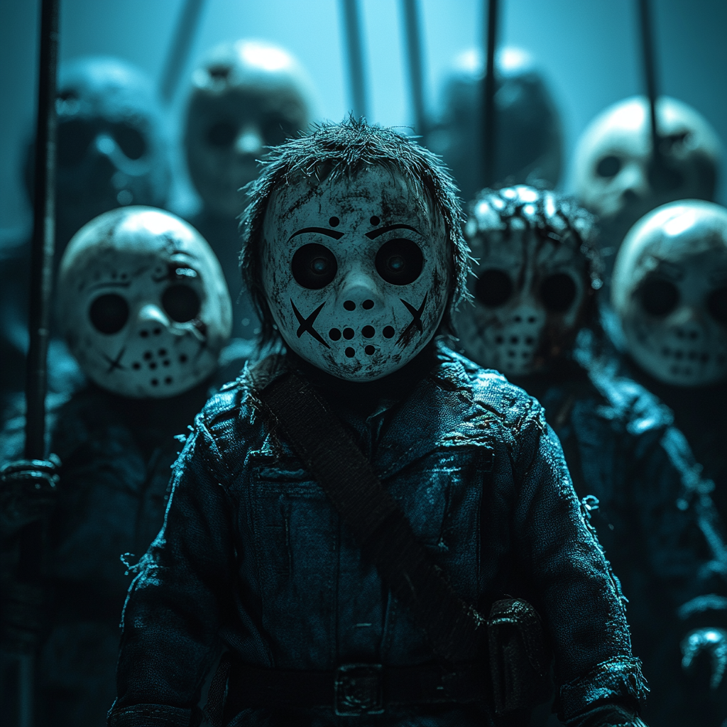 Group of menacing Jasons, vibrant blue filter, eerie composition.