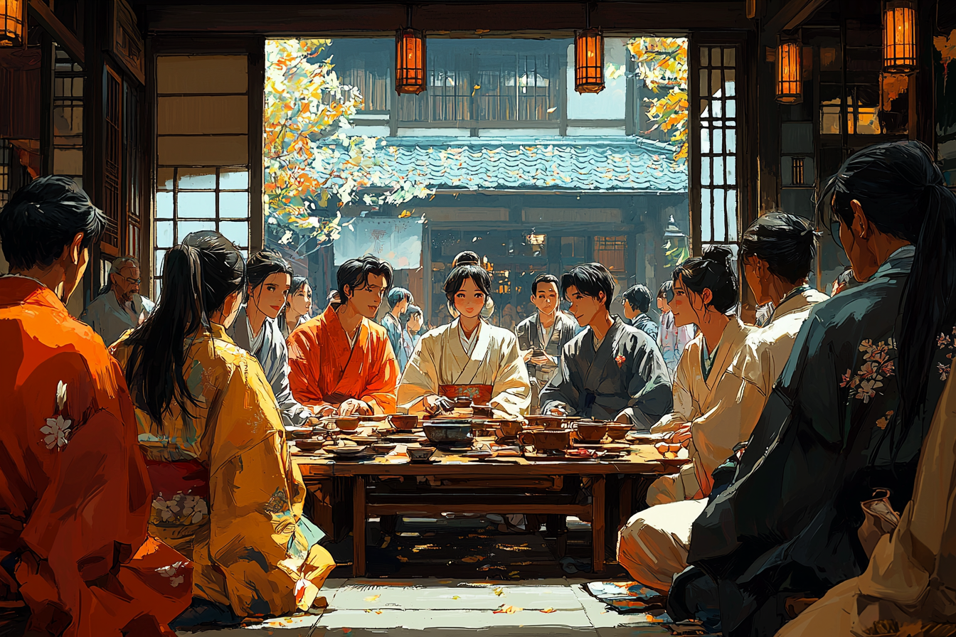 Group of people in modern teahouse with vibrant colors.