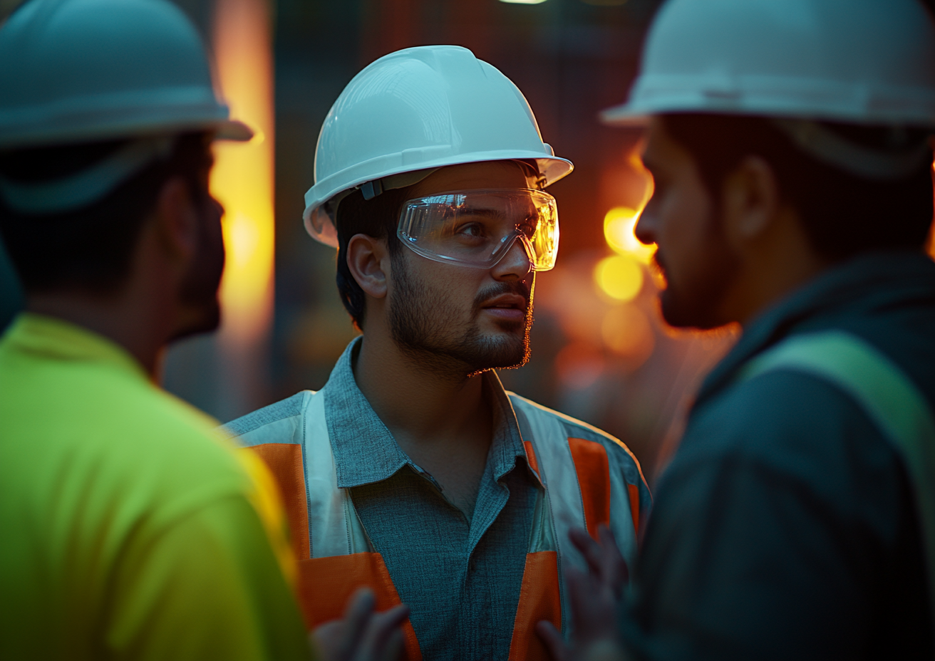 Group of young male construction workers talking with supervisor.