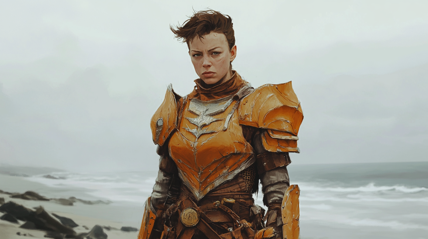 Grumpy paladin Olivia Coleman on misty beach.