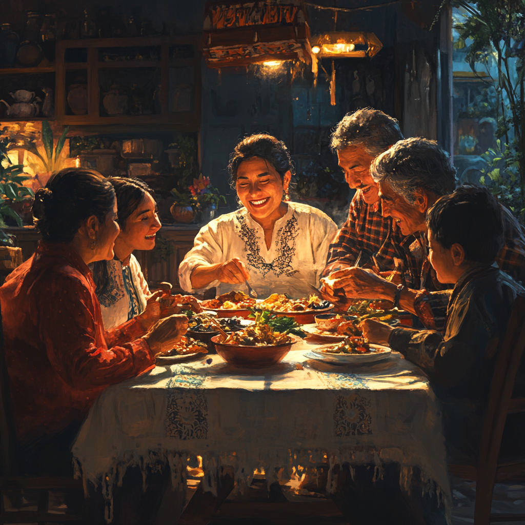 Guatemalan family joyfully eating together in cozy kitchen