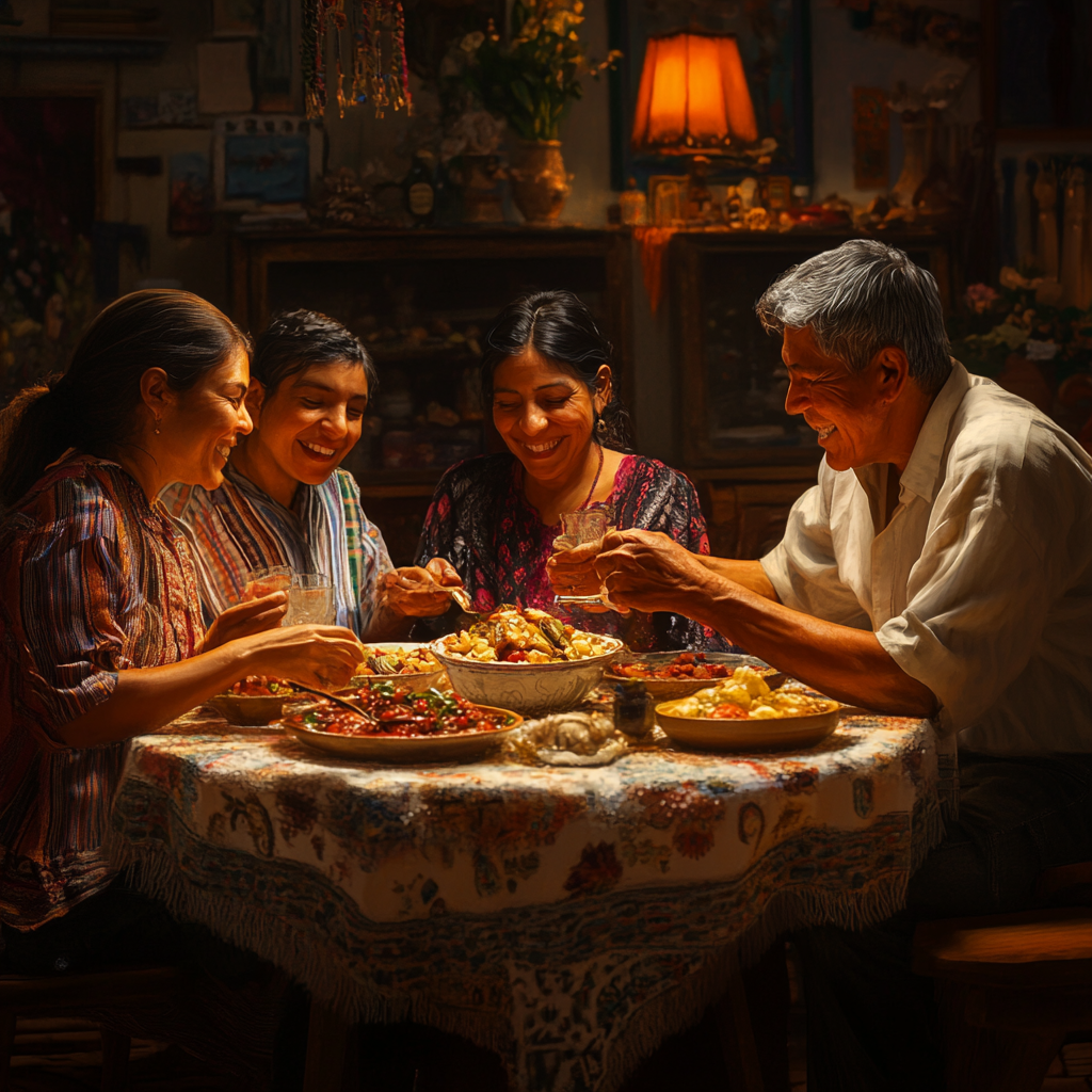 Guatemalan family shares joyful meal around table