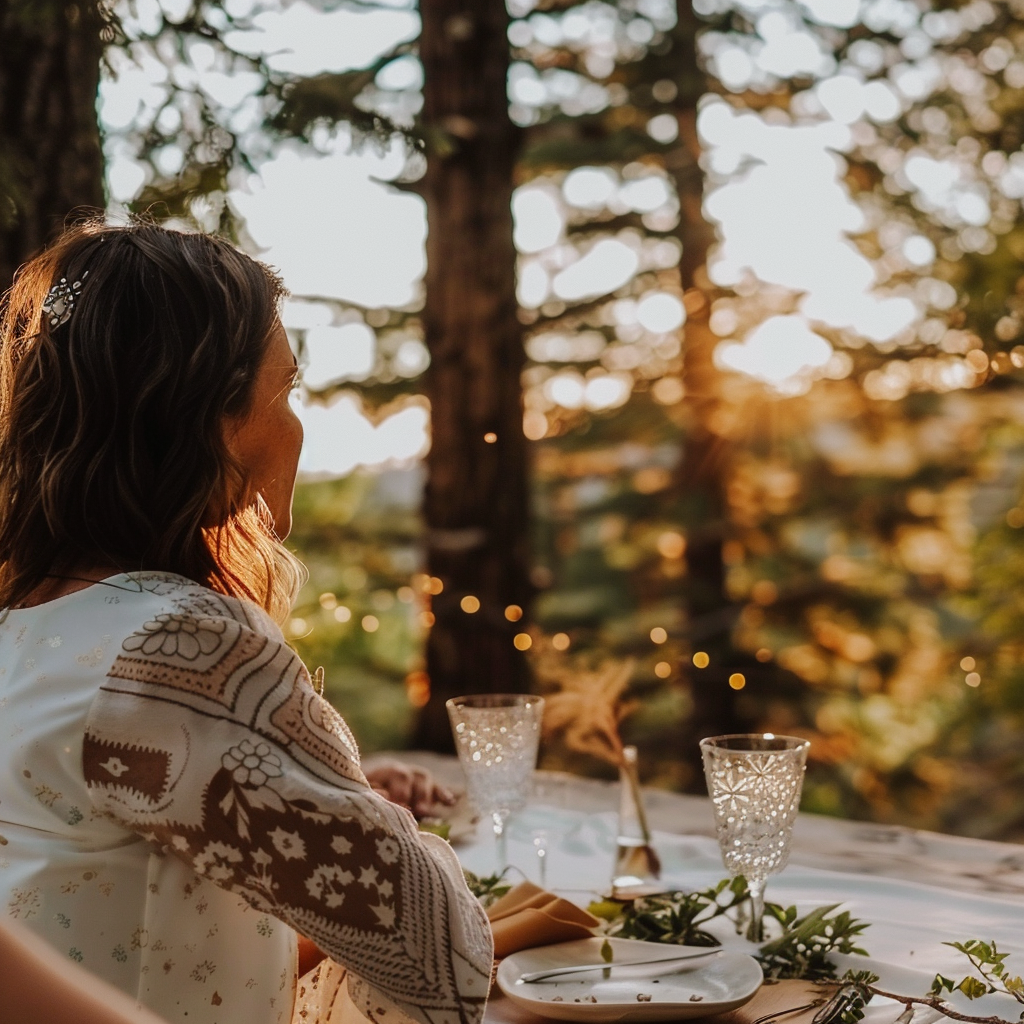 Guest sits quietly at outdoor dinner table in nature