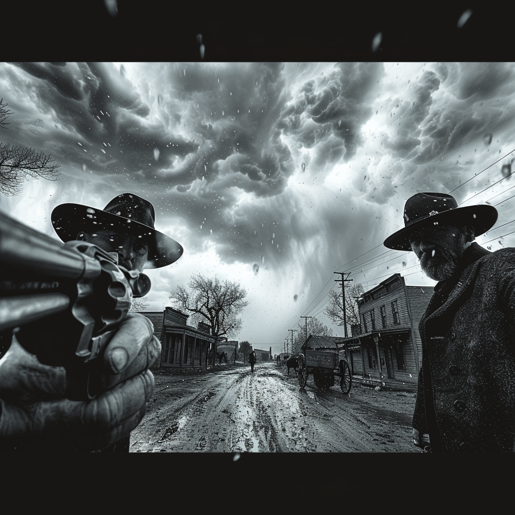 Gunfighters Face-off under Rain Clouds in Frontier Town