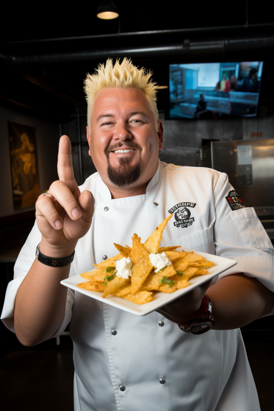 Guy Fieri in Chef Whites with Nacho Gesture 