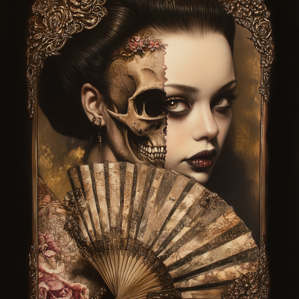 Half-skeleton half-human geisha portrait with fan and sword