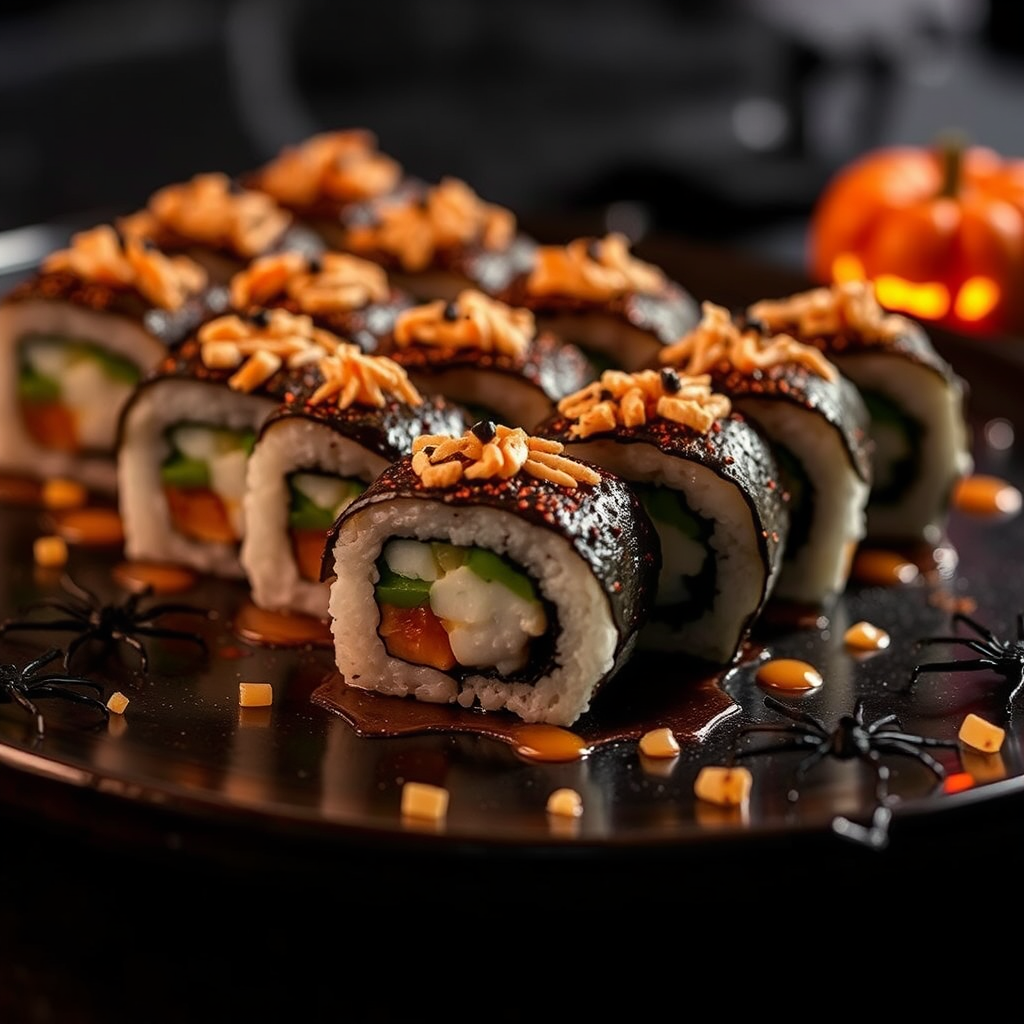 Halloween Sushi Rolls on Fancy Plates in Dim Light