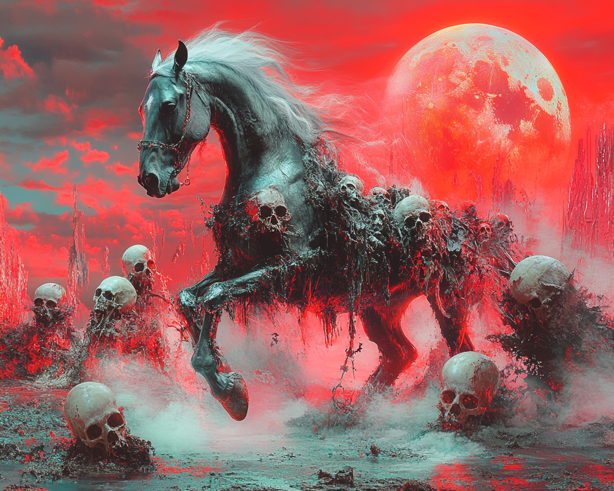 Halloween black horse with skulls moving towards you