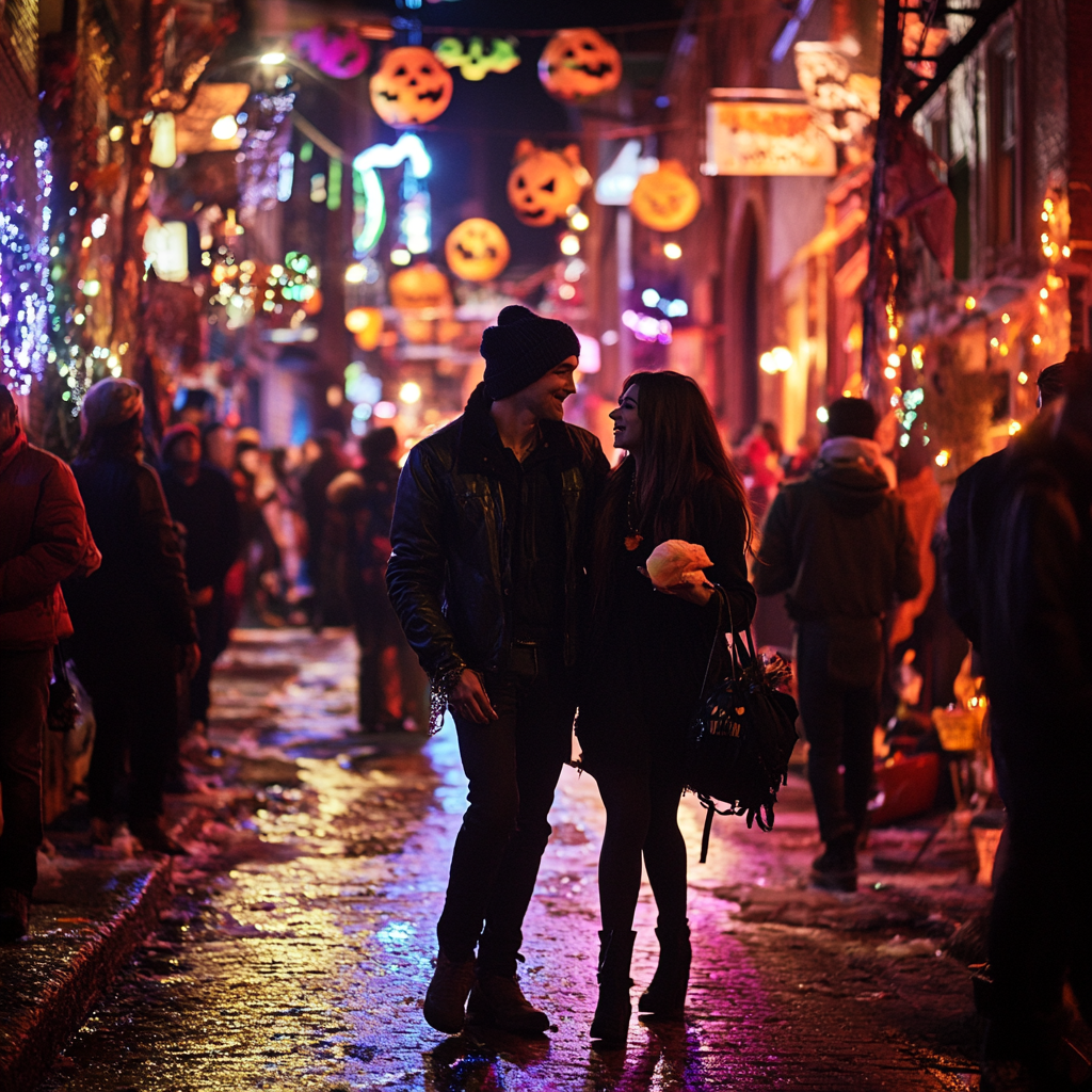 Halloween night: couple in costumes amid festive chaos