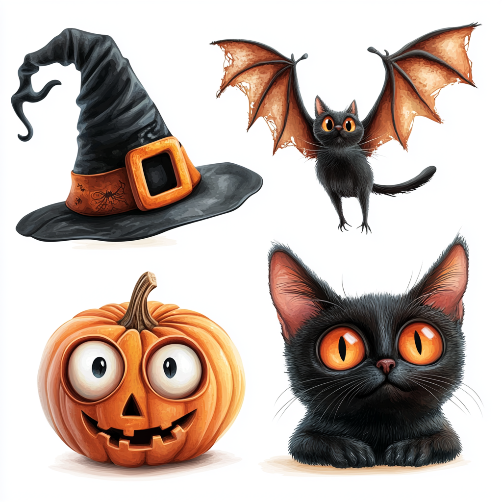 Halloween objects: pumpkin, cat, hat, bat, background.