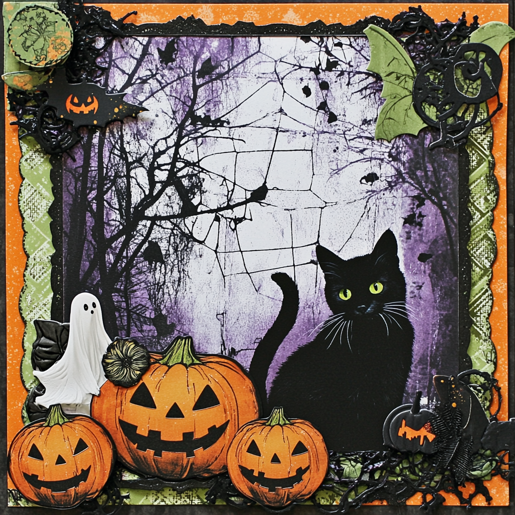 Halloween scrapbook with spooky elements and playful colors.