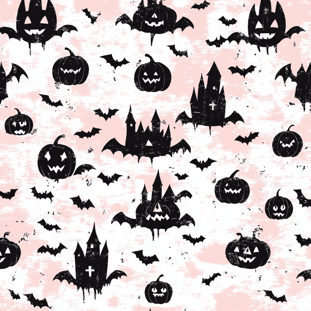 Halloween themed pastel pattern with bats, pumpkins & ghosts