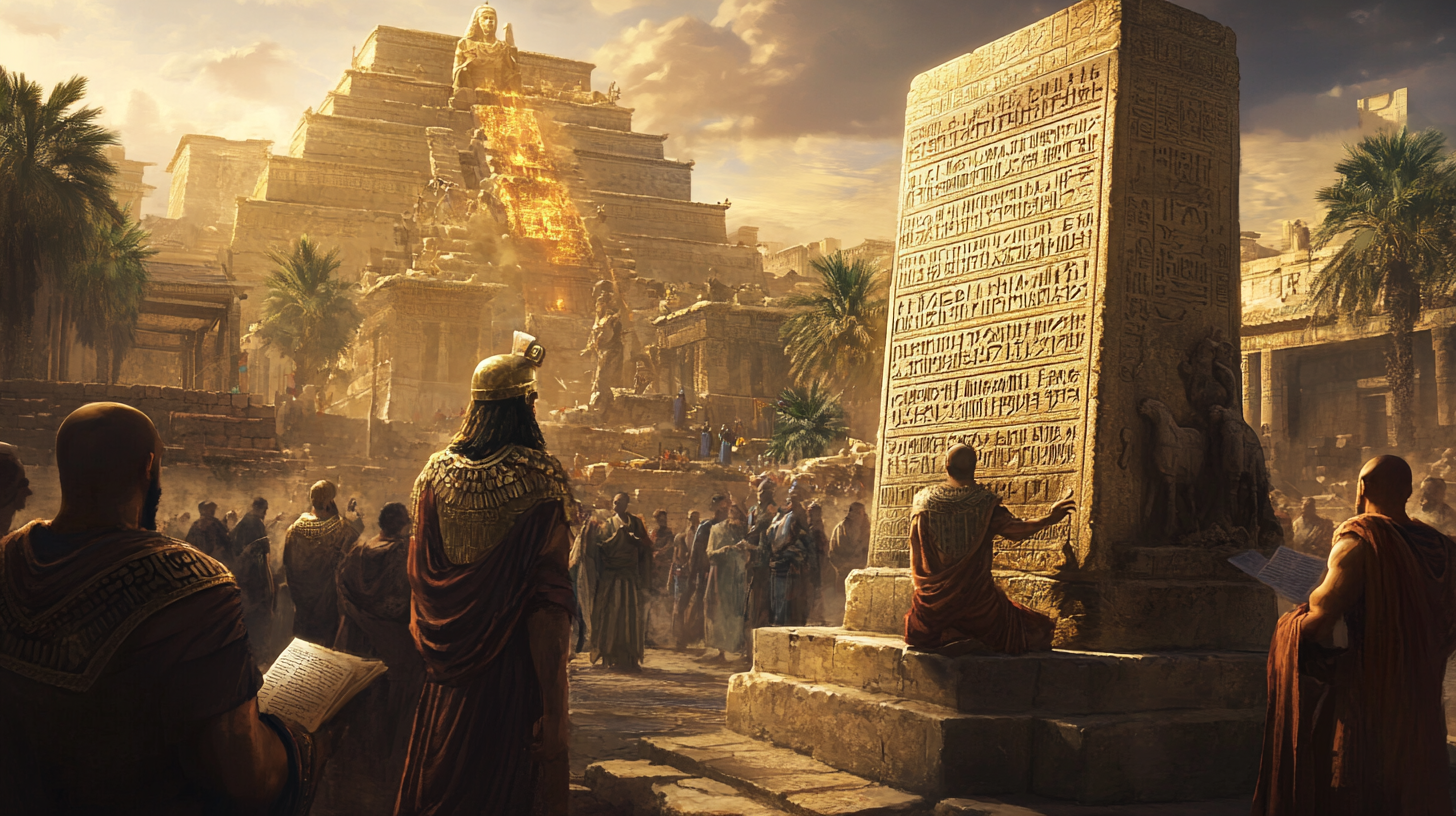 Hammurabi and Citizens in Ancient Babylonian City Center