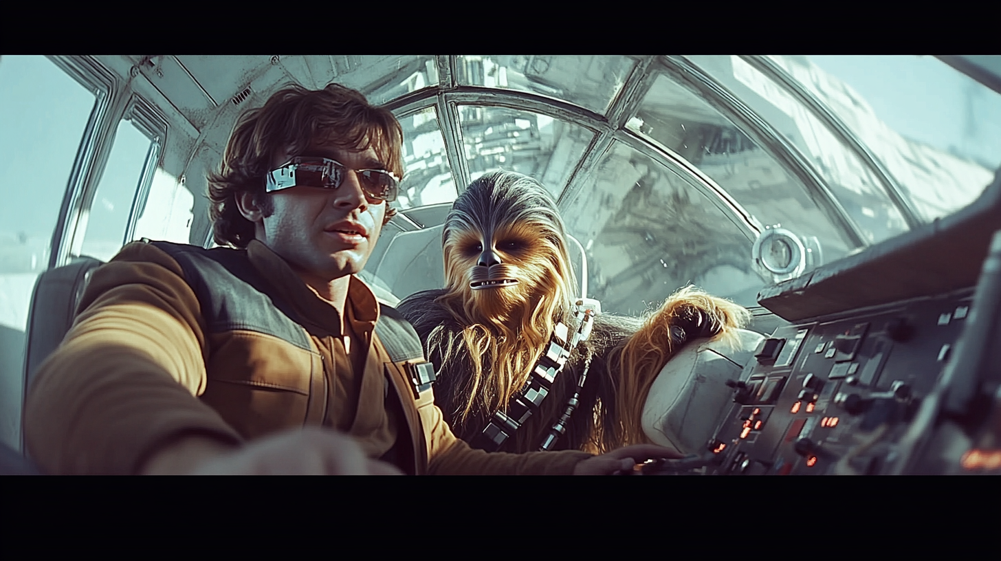 Han Solo and Chewbacca in Millennium Falcon cockpit